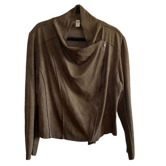Mahina - Olive Green Micro Faux Suede Jacket - size Large ~ zipped front - Picture 1 of 5